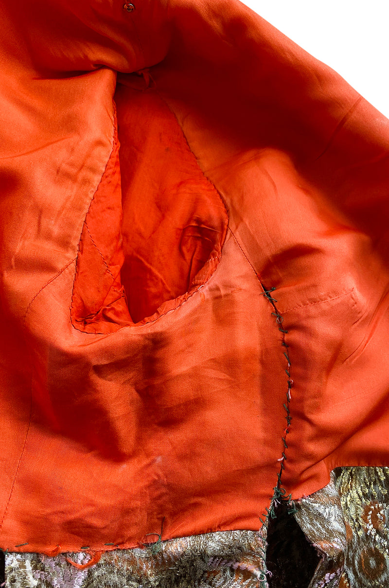 Unusual 1960s Bill Blass Open Panel Gold & Coral Metallic Coat