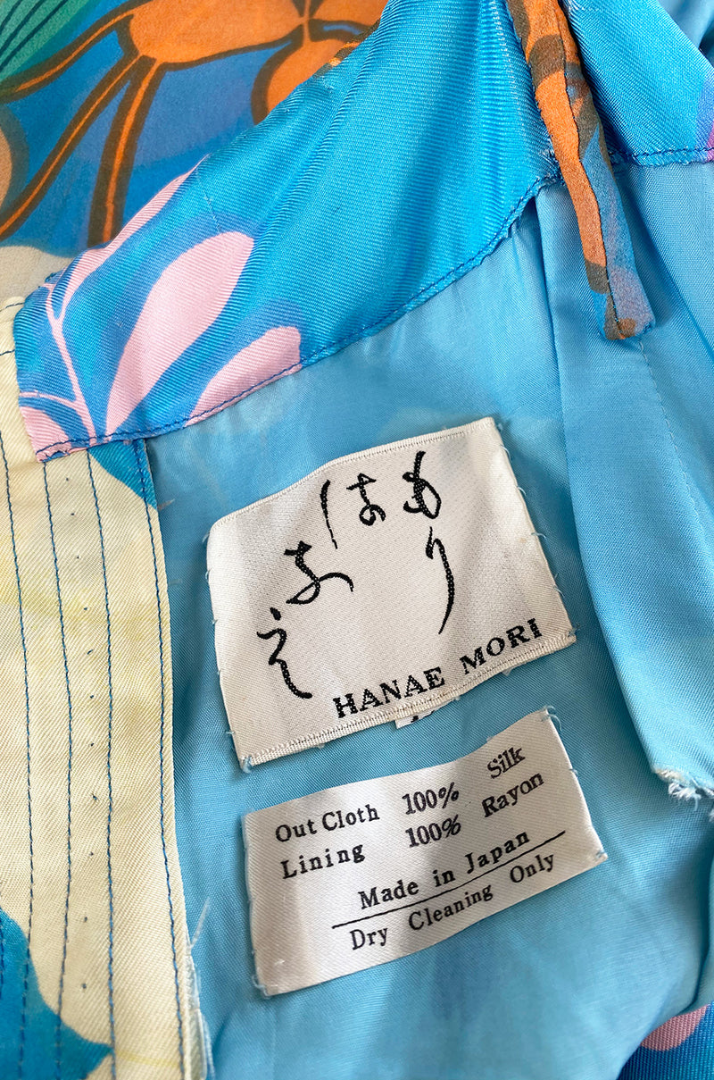 Extraordinary 1970s Hanae Mori Couture Pastel Turquoise Floral Print Silk Chiffon Dress & Jacket