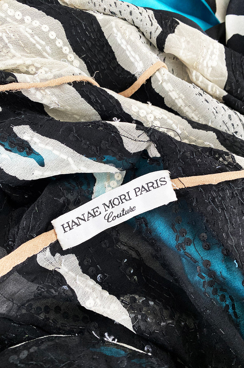 1996 Hanae Mori Haute Couture Hand Beaded Silk Chiffon & Printed Silk Dress
