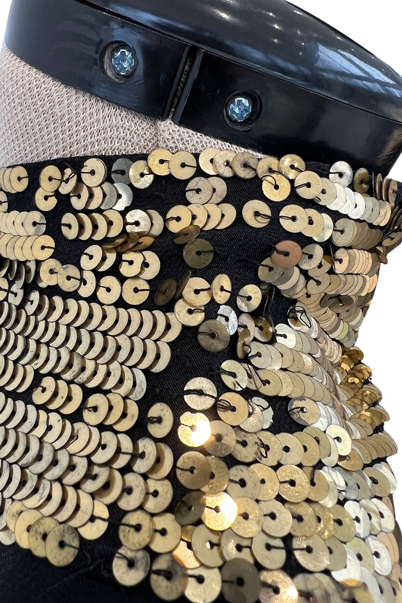 Fabulous 1930s Bias Cut Black Crepe w Gold Sequin Collar and Gold Metal Button Detail