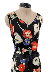 Beautiful 1930s Bias Cut Heavy Silk Satin Floral Print Dress w Scalloped Edged Jacket