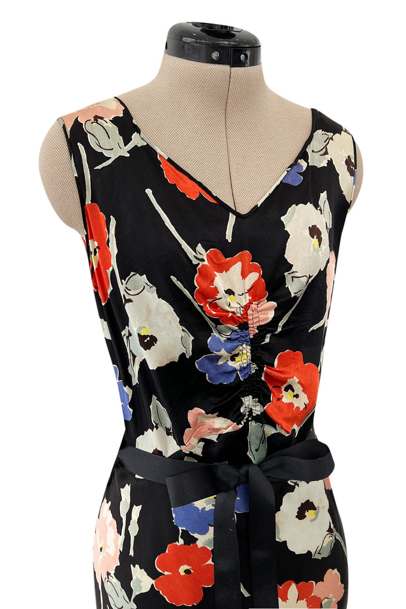 Beautiful 1930s Bias Cut Heavy Silk Satin Floral Print Dress w Scalloped Edged Jacket