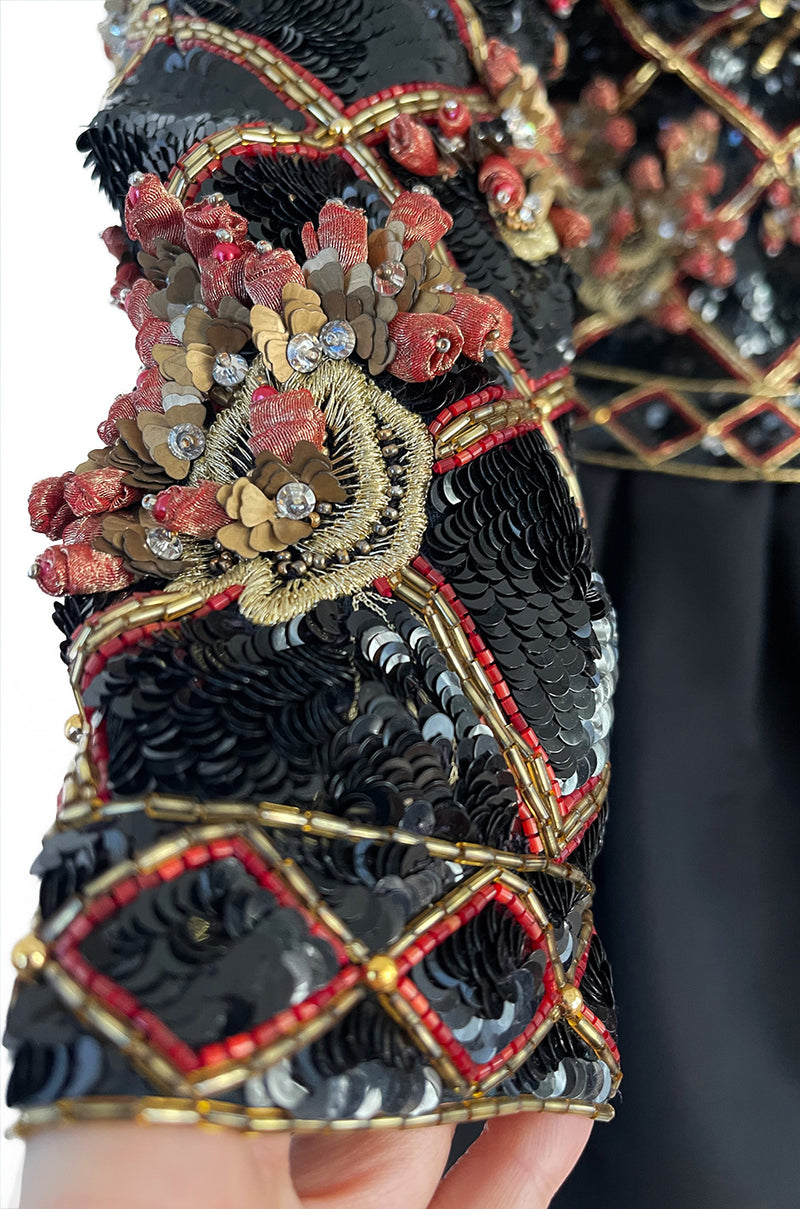 Elaborate 1987 John Anthony Couture Off Shoulder Mini Dress w Sequin Beading & Rosettes