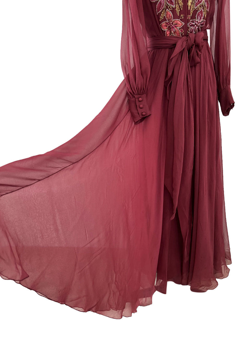 Beautiful 1974 Jean Louis Scherrer Haute Couture Hand Beaded & Applique Silk Chiffon Dress