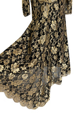 Exceptional Fall 1986 Chanel by Karl Lagerfeld Runway Metallic Gold Thread on Black Silk Net Dress