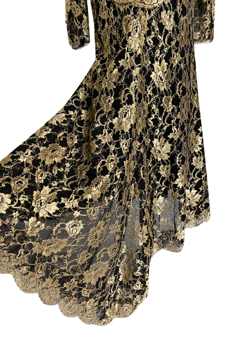 Exceptional Fall 1986 Chanel by Karl Lagerfeld Runway Metallic Gold Thread on Black Silk Net Dress