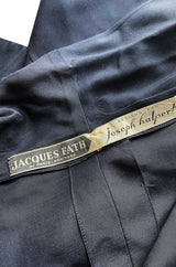Stunning 1950s Jacques Fath Deep Navy Blue Silk Button Vent & Side Button Jacket Suit