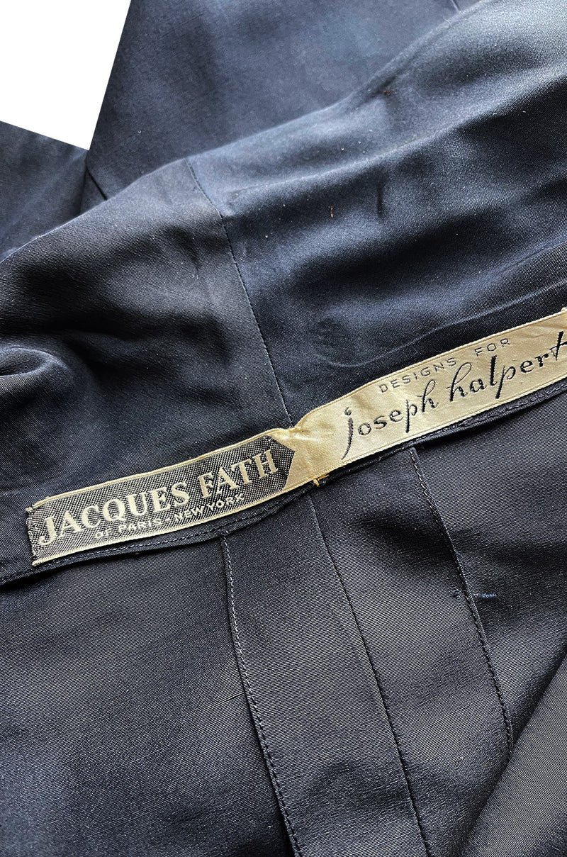 Stunning 1950s Jacques Fath Deep Navy Blue Silk Button Vent & Side Button Jacket Suit