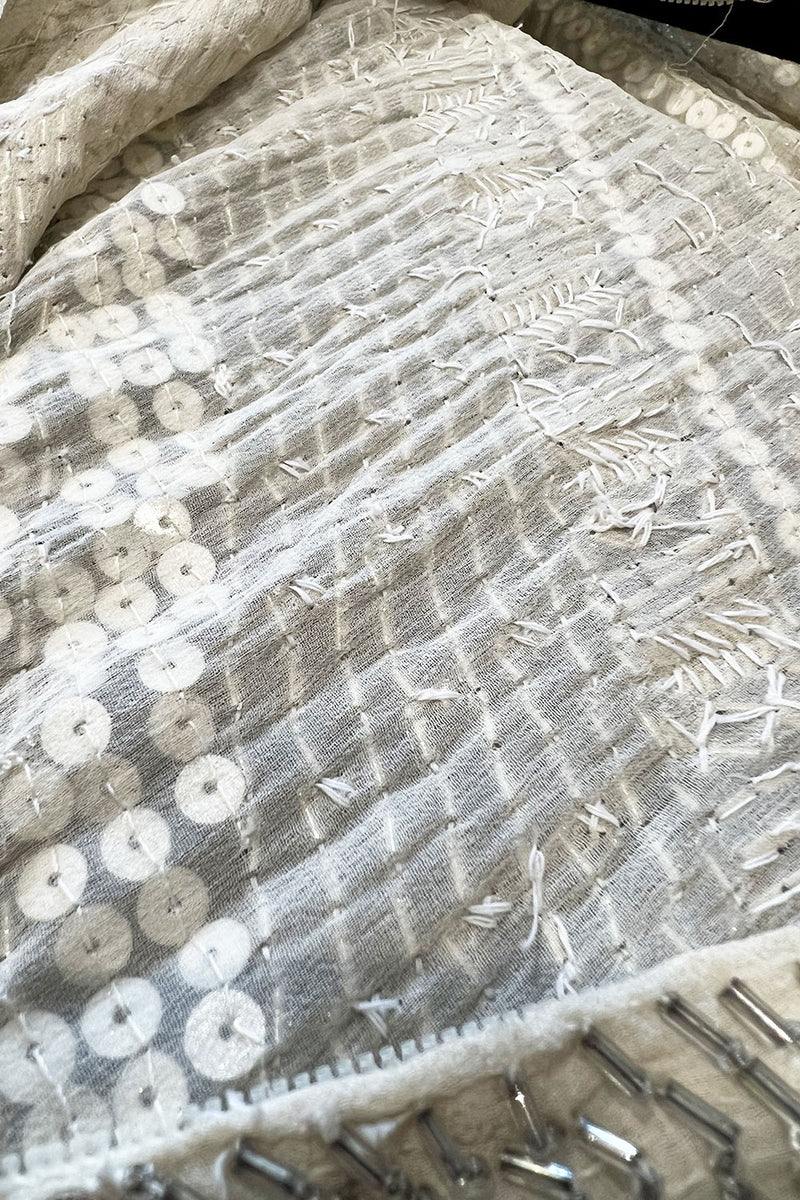 Iconic Spring 1981 Halston Fully Hand Beaded & Sequinned Silver & Ivory Silk Chiffon Dress