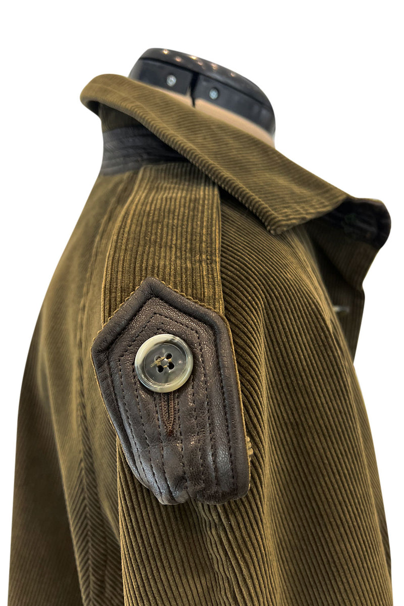 Documented Fall 1978 Yves Saint Laurent Slouchy Olive Corduroy 'Trench' Coat w Leather Trim