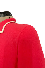 1980s Valentino Textured Wool Long Cut Jacket & Skirt Set in a Vivid Coral w Cream Trim