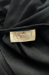 1970s Ossie Clark Black Moss Crepe Dress w KeyHole Tie Print & Balloon Sleeves