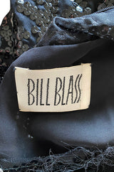 Fall 1974 Bill Blass Glossy Black Sequin & Silk Chiffon Dress w Feather Hem