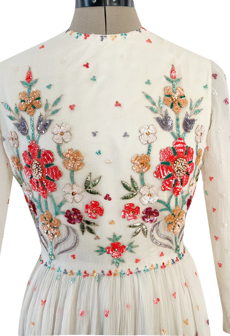 Exceptional 1960s Hand Sequinned Indian Silk Gauze Dress w Matching Veil or Shaw