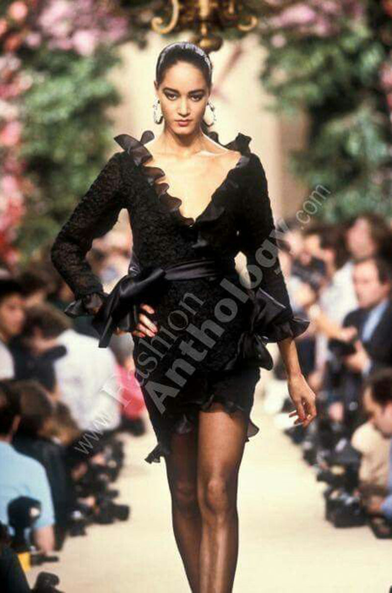 Dramatic Fall 1987 Yves Saint Laurent Strapless Silk & Taffeta Dress w Ruffles & Bow