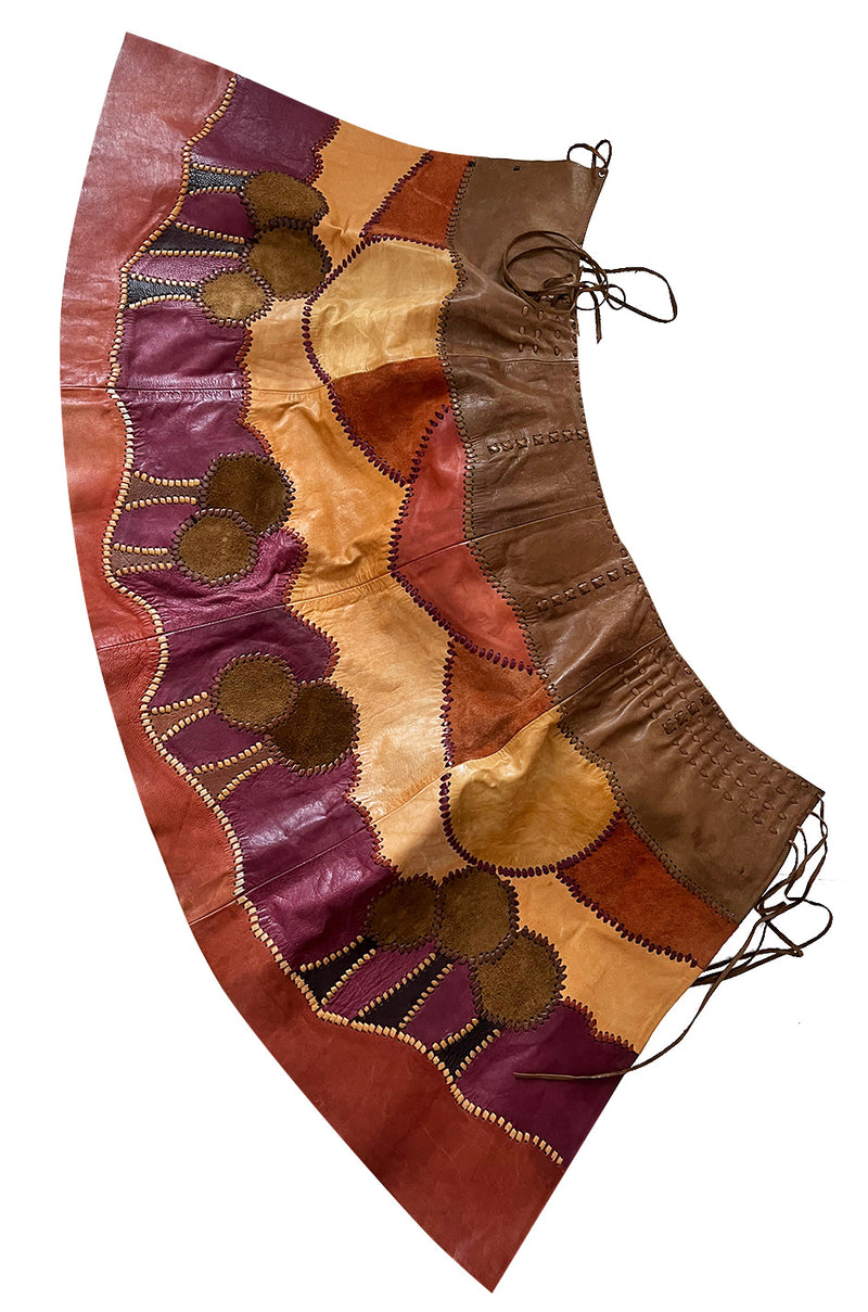 Extraordinary 1960s Char Hand Made Leather & Suede Wrap Scenic Patchwork Skirt