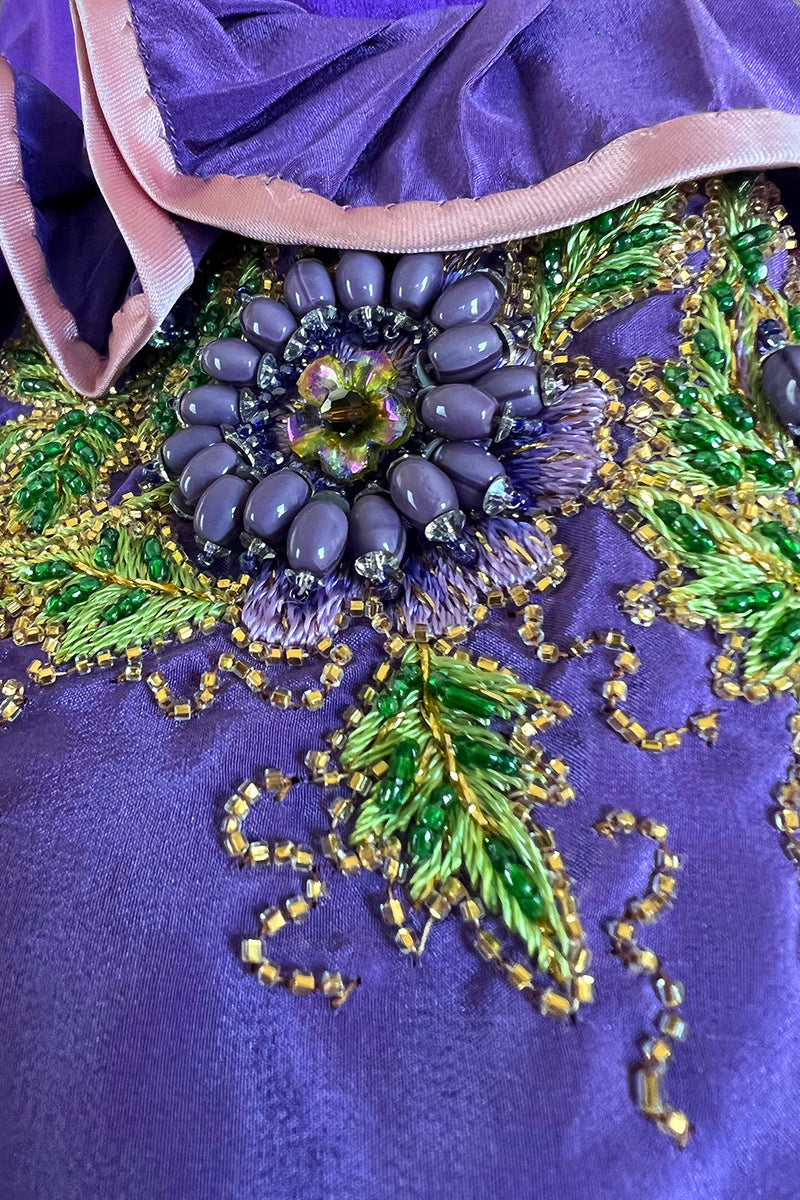 Rare 1960s Tiziani Couture by Karl Lagerfeld Purple Silk Dress w Intricate Hand Beading