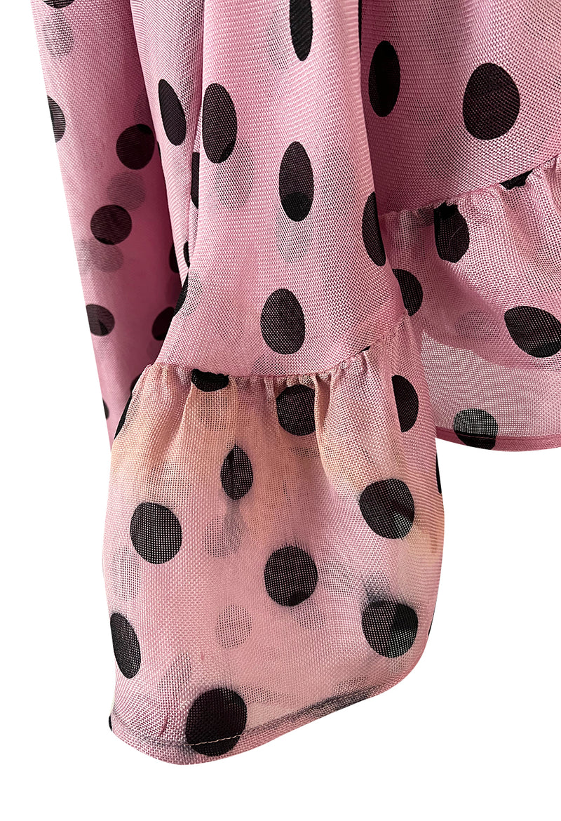 Rare Spring 1990 Yves Saint Laurent Mini Front Skirt Longer Back Pink & Black Dot Dress