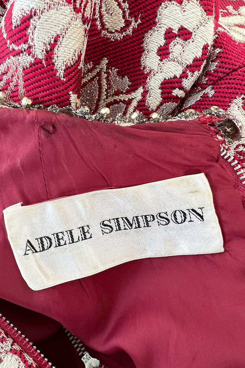 Stunning 1970s Adele Simpson Red & Gold Brocade Dress w Rhinestone Detailing