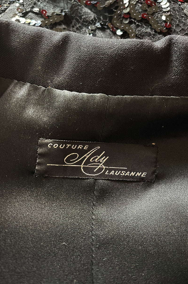 1980s Ady Couture Lausanne Transparent Lace & Sequin Jacket Suit w Black Pencil Skirt