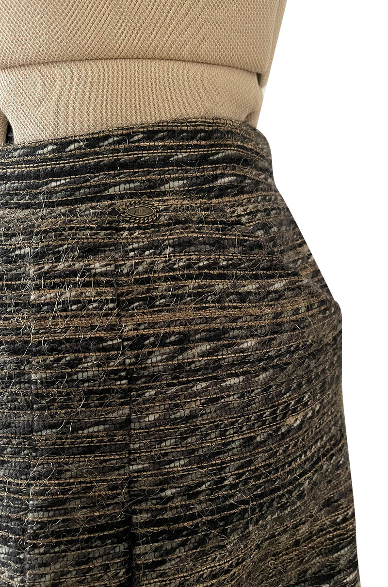 Stunning Fall 2005 Chanel Metallic Silk Mohair Fur Trimmed Tweed Jacket & Pleated Skirt Suit