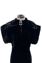 Stunning 1930s Black Silk Velvet Bias Cut Dress w Top Stitched Sleeves & Silver Glitter Buttons