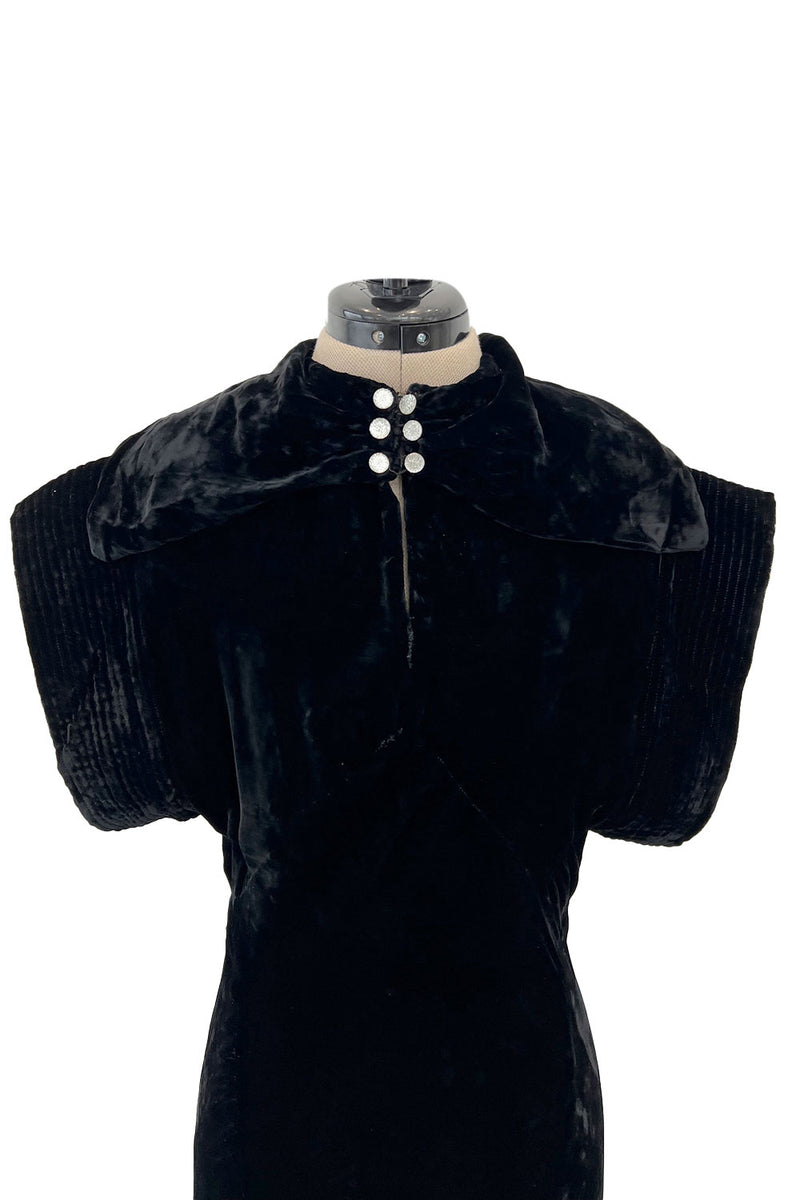 Stunning 1930s Black Silk Velvet Bias Cut Dress w Top Stitched Sleeves & Silver Glitter Buttons