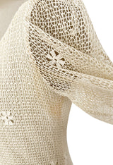 1975 Giorgio Sant' Angelo Hand Crochet Dress w Balloon Sleeves & Metallic Ribbon Detailing