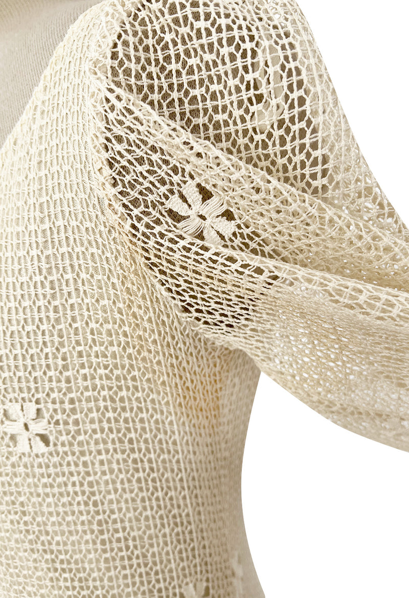 1975 Giorgio Sant' Angelo Hand Crochet Dress w Balloon Sleeves & Metallic Ribbon Detailing