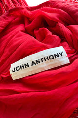 Showstopping 1975 John Anthony Couture Deep Plunging Red Dress Entirely Covered in Glass Beads