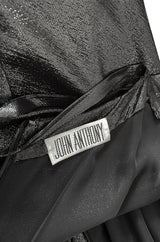 1970s John Anthony Black Metallic Lame Jersey Dress w Very Deep Front Plunge & No Back