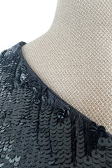 Early 2000s John Anthony Couture One Shoulder & Sleeve Densely Sequinned Glossy Black Dress