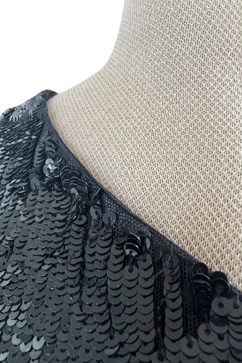 Early 2000s John Anthony Couture One Shoulder & Sleeve Densely Sequinned Glossy Black Dress