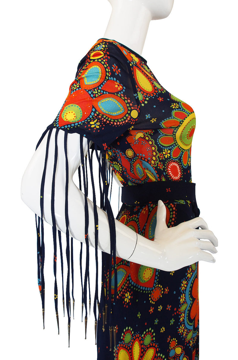 1970s Metal Tip Fringe Maxi Dress
