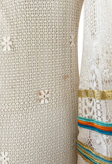 1975 Giorgio Sant' Angelo Hand Crochet Dress w Balloon Sleeves & Metallic Ribbon Detailing