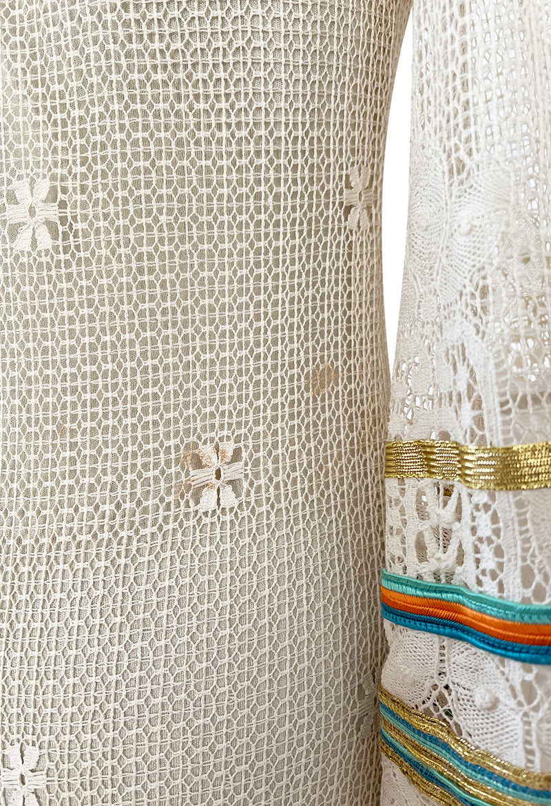 1975 Giorgio Sant' Angelo Hand Crochet Dress w Balloon Sleeves & Metallic Ribbon Detailing