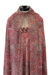 Magical c.1958 Madame Gres Haute Couture Printed Silk Chiffon Dress & Hooded Cape Piece