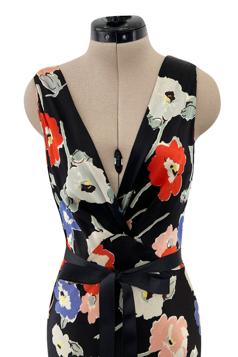 Beautiful 1930s Bias Cut Heavy Silk Satin Floral Print Dress w Scalloped Edged Jacket