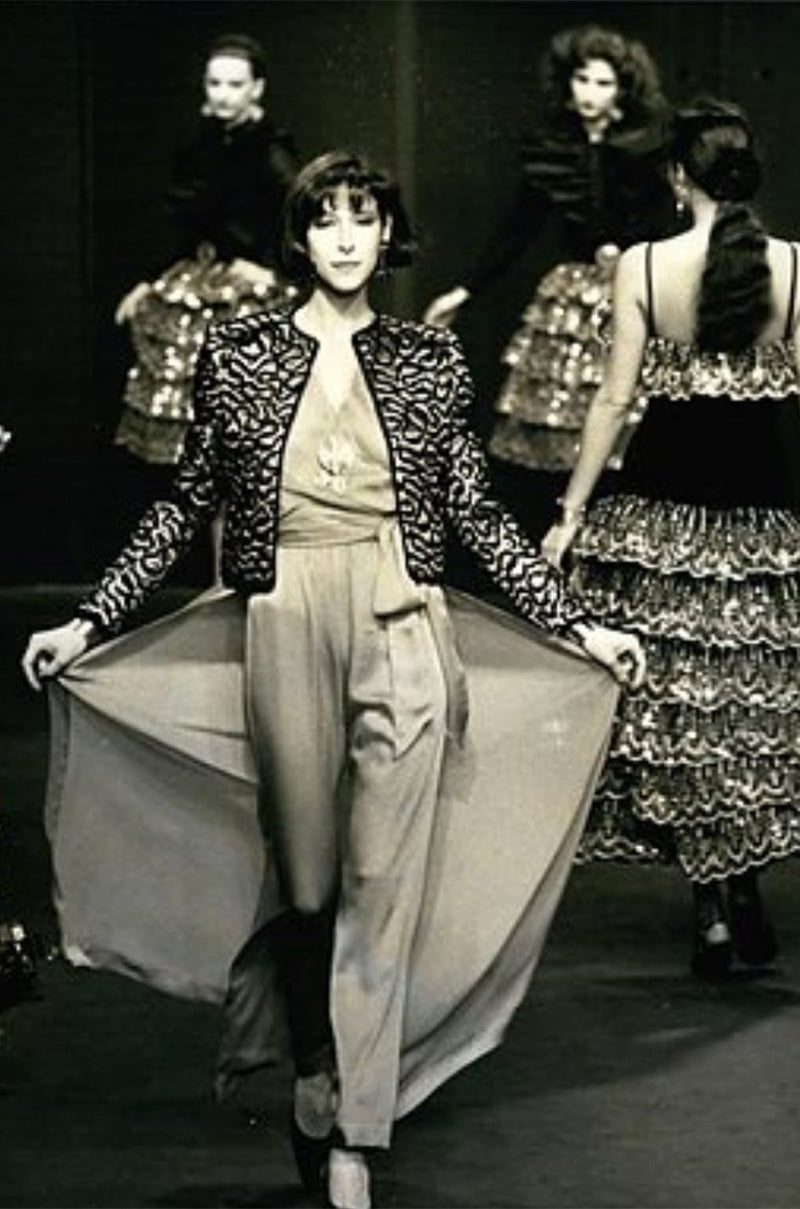 Documented Fall 1981 Chanel Red Metallic Silk Skirt & Jacket Set w Hand Applied Chenille Cording Detail
