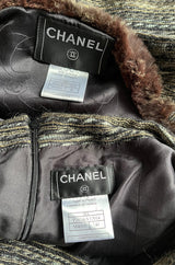 Stunning Fall 2005 Chanel Metallic Silk Mohair Fur Trimmed Tweed Jacket & Pleated Skirt Suit