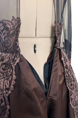 Extraordinary 1990s John Anthony Couture Deep Bronze Lace & Black Silk Netting Full Skirted Dress