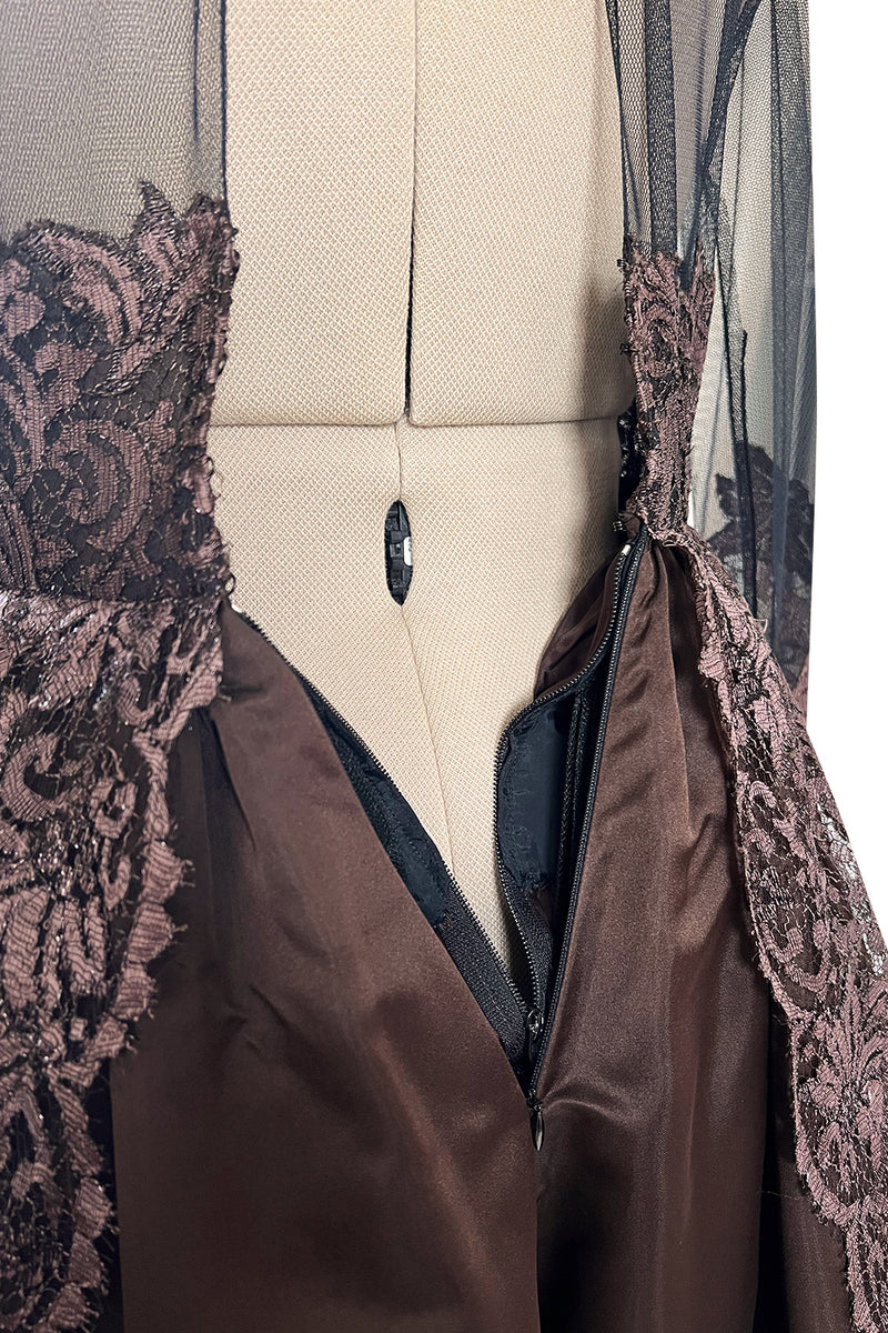 Extraordinary 1990s John Anthony Couture Deep Bronze Lace & Black Silk Netting Full Skirted Dress