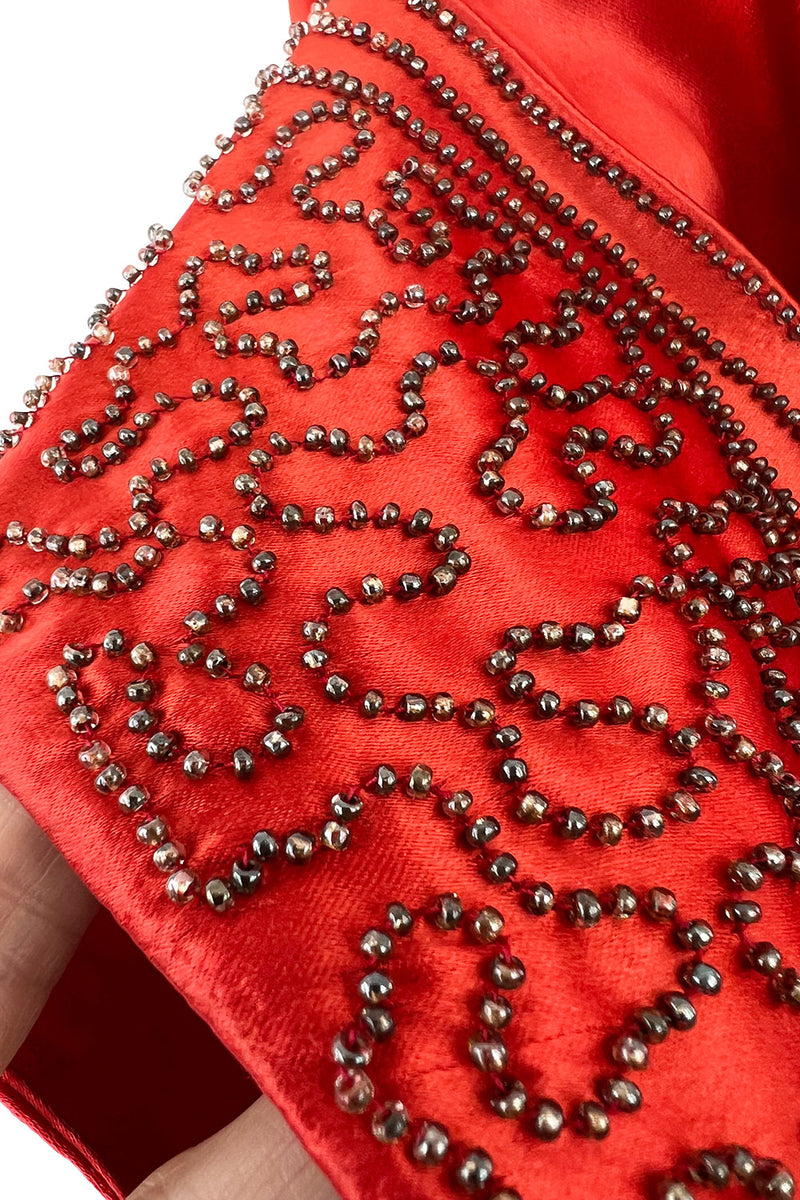 Gorgeous 1930s Coral Red Bias Cut Dress w Back Cut Outs & Matching Beaded Jacket