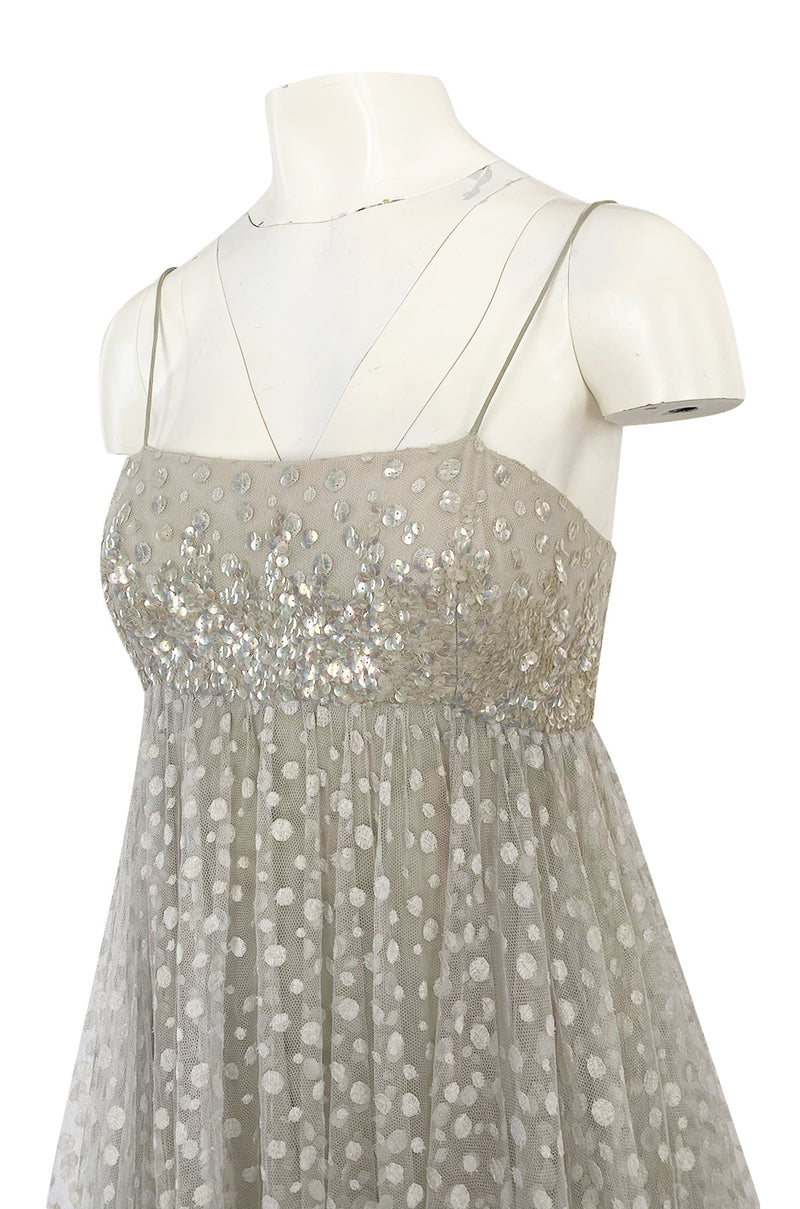 1970s Unlabeled Alfred Bosand Sequin Bodice Dotted Silk Net Dress W Matching Cape Overlay