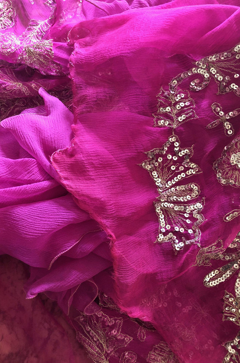 c1969 Thea Porter Couture Gold Brocade & Silver Metal Embroidered Fuchsia Dress