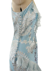 Iconic Fall 2004 John Galliano Bias Cut Blue Dress w Ruffles & Metallic Silver Detailing