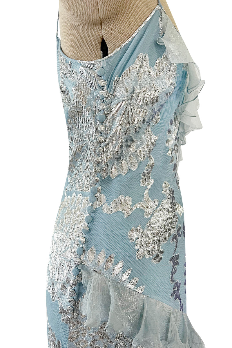 Iconic Fall 2004 John Galliano Bias Cut Blue Dress w Ruffles & Metallic Silver Detailing