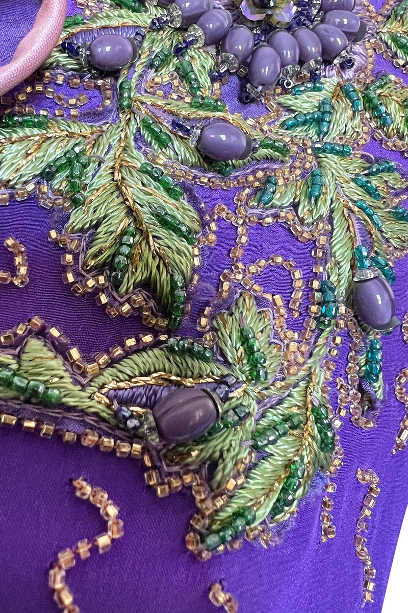 Rare 1960s Tiziani Couture by Karl Lagerfeld Purple Silk Dress w Intricate Hand Beading