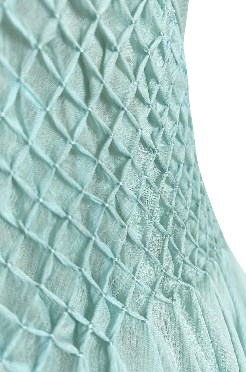 Spring 1976 Chanel Haute Couture Pale Turquoise Silk Chiffon Dress w PinTuck Gathered Front