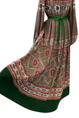 Gorgeous 1970s Lanvin Couture Printed Gathered Silk Caftan Dress w Balloon Sleeves & Felt Hem